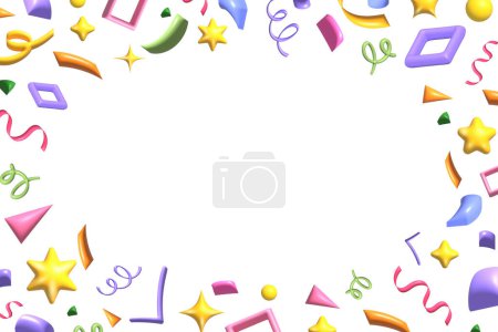Photo for 3d party confetti with stars, ribbons, spirals and geometric shapes in cartoon style on a white background. High quality photo - Royalty Free Image