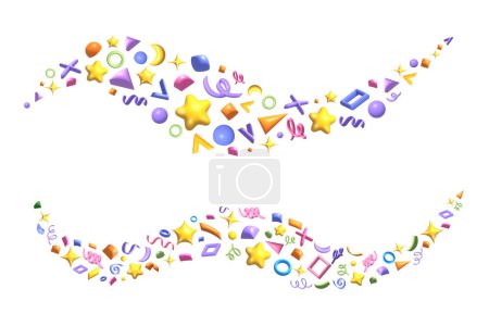 Photo for 3d party confetti waves with stars, ribbons, spirals and geometric shapes in cartoon style on a white background. High quality photo - Royalty Free Image