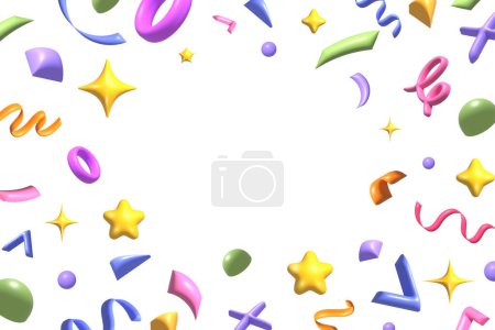 Photo for 3d party confetti with stars, ribbons, spirals and geometric shapes in cartoon style on a white background. High quality photo - Royalty Free Image