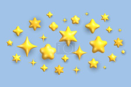 Foto de 3d dibujos animados estrellas amarillas telón de fondo. Un montón de estrellas doradas flotan en el aire sobre un fondo azul - Imagen libre de derechos