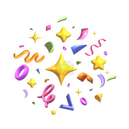 3D-Party-Konfetti mit Sternen, Bändern, Spiralen und geometrischen Formen im Cartoon-Stil auf weißem Hintergrund. Hochwertiges Foto
