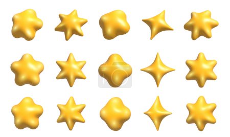 Photo for 3D yellow stars set. Realistic 3d yellow stars set from different angles. Rotating 3d cartoon style stars set - Royalty Free Image