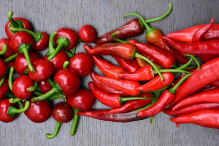 Photo for Pile of hot peppers border with space for text. Different red hot chili peppers. Long, cherry and small red peppers. High quality photo - Royalty Free Image