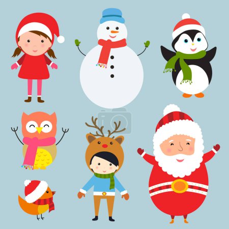 Téléchargez les illustrations : Joyeux Noël ! Ensemble de personnages de Noël dessin animé mignon. - en licence libre de droit