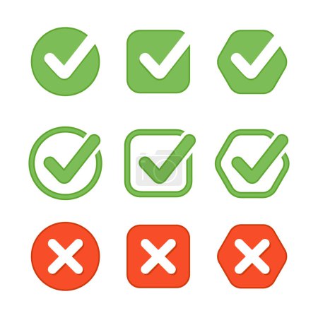 Green check mark and red cross. Yes and no in circle and square boxes, with round and square shapes