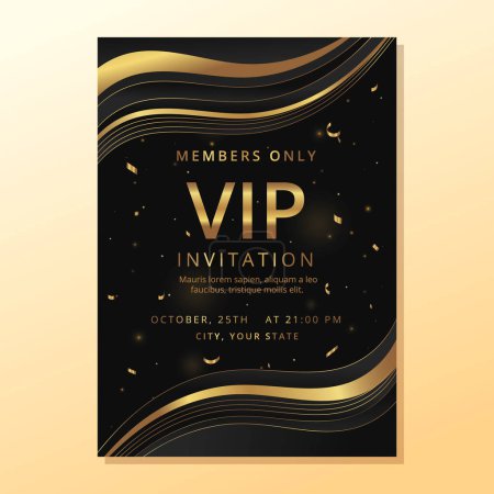 Ilustración de Invitación de lujo vip oro. Plantilla premium negra y dorada con luces bokeh y confeti dorado. Ilustración vectorial - Imagen libre de derechos