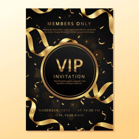Illustration for Luxury golden vip invitation. Black and gold premium template with bokeh lights and gold confetti. Vector illustration - Royalty Free Image