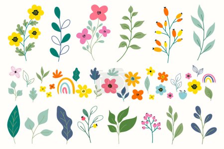 Illustration for Spring flowers and plants collection. Spring botanical romantic set of blooming flowers. Cartoon flowers and branches - Royalty Free Image