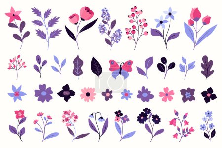 Photo for Cute flowers and leaves collection. Pink and purple spring flowers set. Minimalist floral blossom bouquet. Vector illustration - Royalty Free Image
