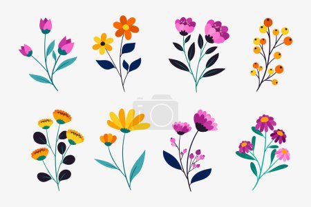 Illustration for Cartoon flowers collection. Spring flowers blossom, bouquet arrangement. Botanical modern wild flowers set. Vector illustration - Royalty Free Image