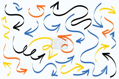 Téléchargez les illustrations : Main colorée dessiner des flèches doodle sur fond blanc. Esquisse brosse flèches ondulées, bleu, jaune, orange et noir - en licence libre de droit