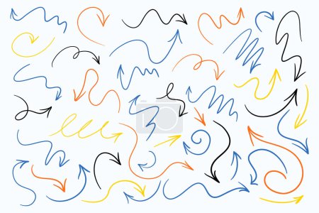 Illustration for Colorful hand draw doodle arrows on white background. Brush sketch wavy arrows, blue, yellow, orange and black colored - Royalty Free Image