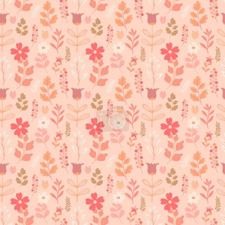 Illustration for Peach fuzz cute floral seamless pattern. Color of the year 2024. Botanical elegant small flowers pattern. Vector illustration - Royalty Free Image