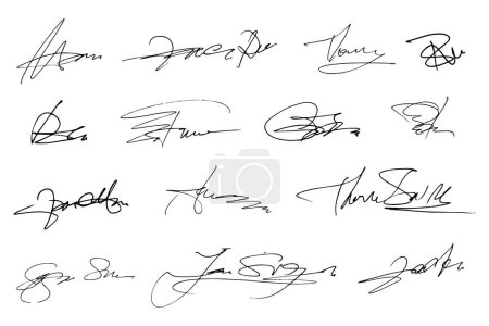 Téléchargez les illustrations : Signatures prêtes. Signatures manuscrites fictives pour signer des documents sur fond blanc. Illustration vectorielle - en licence libre de droit