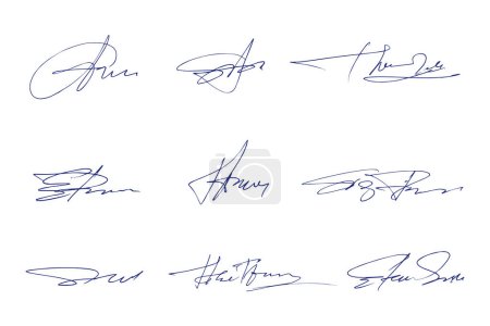 Ilustración de Firmas establecidas. Firmas manuscritas ficticias para firmar documentos sobre fondo blanco. Firmas de plumas azules - Imagen libre de derechos