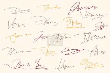 Téléchargez les illustrations : Signatures prêtes. Signatures manuscrites fictives pour signer des documents sur fond blanc. signatures stylo coloré - en licence libre de droit