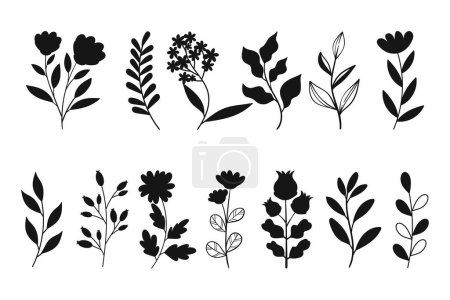 Illustration for Leaves, flowers and branches silhouettes set. Wild plants and garden flowers silhouettes on white background. Vector illustration - Royalty Free Image