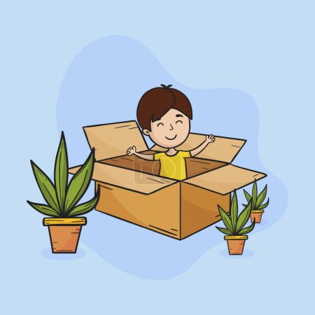 Téléchargez les illustrations : Jeune garçon heureux jouant et s'amusant dans une boîte en carton. Illustration vectorielle - en licence libre de droit