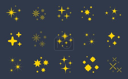 Illustration for Yellow sparkles stars icons set. Stars and magic lights sparkles set. Cosmic lights for sky backgrounds, or magic lights and glittering decorations on dark blue background - Royalty Free Image
