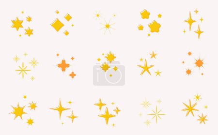 Téléchargez les illustrations : Jaune scintille étoiles icônes ensemble. Main dessiner des étoiles et des lumières magiques scintille ensemble. Lumières cosmiques pour décors célestes, ou lumières magiques et décorations scintillantes - en licence libre de droit