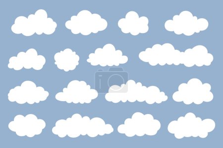 Photo for Cartoon white clouds set on a blue background. Weather forecast symbols set in flat style. Flat style icon collections of clouds - Royalty Free Image