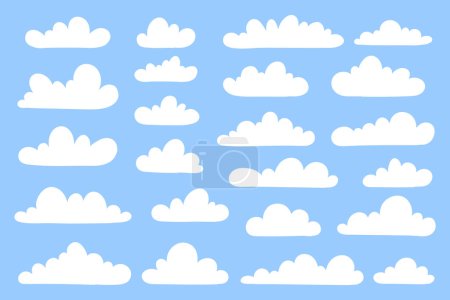 Illustration for Cartoon white clouds set on a blue background. Weather forecast symbols set in flat style. Flat style icon collections of clouds - Royalty Free Image