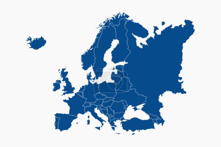 Ilustración de Mapa de Europa con fronteras nacionales. Mapa detallado de Europa azul aislado sobre fondo blanco - Imagen libre de derechos