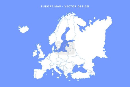 Ilustración de Mapa de Europa con fronteras nacionales. Mapa detallado de Europa blanca aislado sobre fondo azul - Imagen libre de derechos