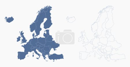 Téléchargez les illustrations : Carte de l'Europe avec les frontières des pays. Carte détaillée de l'Europe bleue isolée sur fond blanc - en licence libre de droit