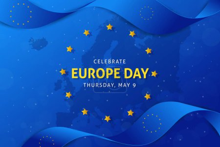 Téléchargez les illustrations : Journée de l'Europe 9 mai. Drapeau ondulé sur fond bleu. Fête de l'indépendance de l'Europe. Ruban drapeau de l'Union européenne - en licence libre de droit