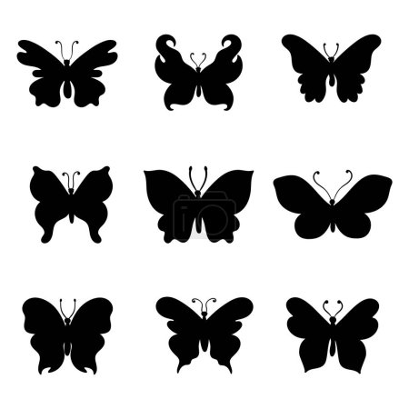 Téléchargez les illustrations : Silhouettes papillon. Collection de silhouettes de papillons monochromes sur fond blanc. Illustration vectorielle - en licence libre de droit
