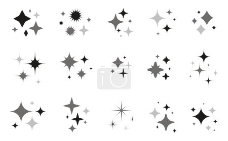 Téléchargez les illustrations : Éclats étoiles icônes ensemble. Étoiles et lumières magiques scintillent ensemble silhouette noire. Lumières cosmiques pour décors célestes, ou lumières magiques et décorations scintillantes - en licence libre de droit
