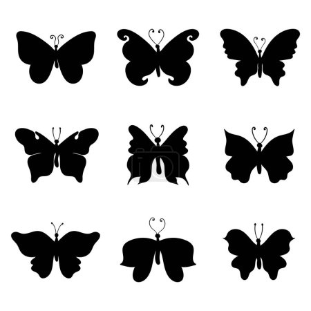 Téléchargez les illustrations : Silhouettes papillon. Collection de silhouettes de papillons monochromes sur fond blanc. Illustration vectorielle - en licence libre de droit