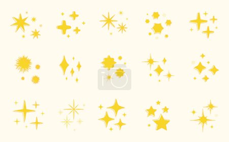 Ilustración de Amarillo brillantes estrellas iconos conjunto. Mano dibujar estrellas y luces mágicas brilla conjunto. Luces cósmicas para fondos de cielo, o luces mágicas y decoraciones brillantes - Imagen libre de derechos