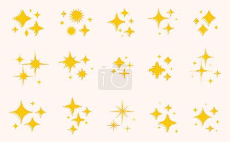 Gelb funkelt Sternensymbole gesetzt. Handgezeichnete Sterne und magische Lichter funkeln gesetzt. Kosmische Lichter für Himmelshintergründe oder magische Lichter und glitzernde Dekorationen