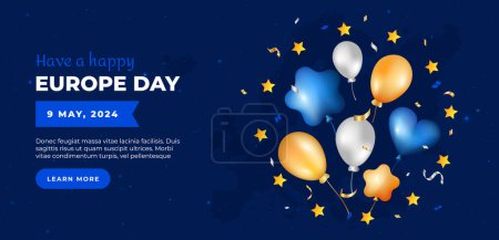 Europatag am 9. Mai blauer Hintergrund. Banner zum Unabhängigkeitstag Europas. Blaues Webbanner der Europäischen Union mit Luftballons und Karte