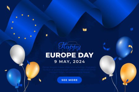 Europe Day 9th May blue background. Europe independence day banner. European Union blue web banner with balloons, flag, ribbon and map