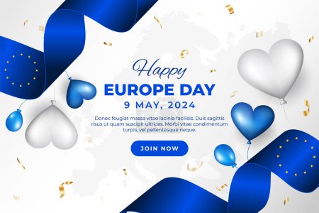 Europe Day 9th May. Wavy blue ribbon flag on white background. Europe independence day banner with balloons and flag. European Union ribbon flag 