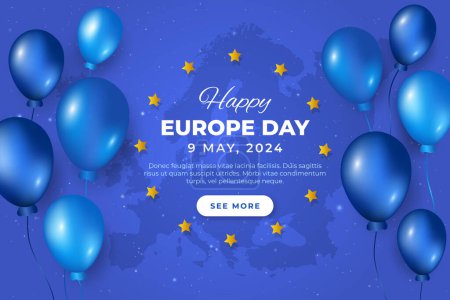Téléchargez les illustrations : Journée de l'Europe 9 mai fond bleu. Fête de l'indépendance de l'Europe. Bannière en toile bleue de l'Union européenne avec ballons - en licence libre de droit