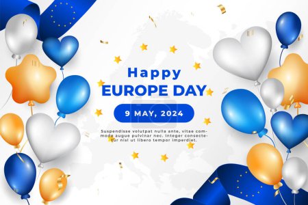 Téléchargez les illustrations : Journée de l'Europe 9 mai. Drapeau ondulé bleu ruban sur fond blanc. Bannière de la fête de l'indépendance de l'Europe avec ballons et drapeau. Ruban drapeau de l'Union européenne - en licence libre de droit