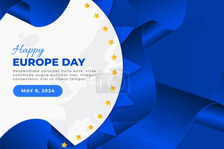 Téléchargez les illustrations : Fond de la Journée de l'Europe réaliste, 9 mai. Happy Europe Independence Day fond réaliste avec carte et rubans bleus - en licence libre de droit