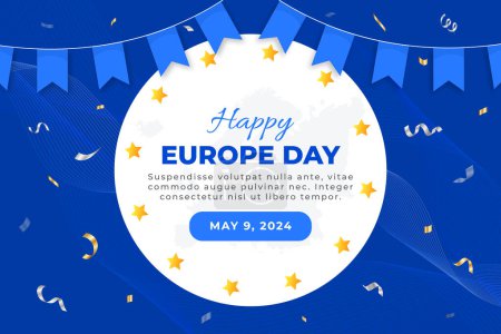 Téléchargez les illustrations : Happy Europe Day background, 9 mai. Bannière de fête de l'indépendance de l'Europe heureuse avec drapeau et confettis. Illustration Journée de l'Europe - en licence libre de droit