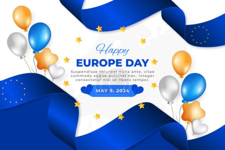 Téléchargez les illustrations : Fond de la Journée de l'Europe réaliste, 9 mai. Happy Europe Independence Day fond réaliste avec carte, ballons et rubans bleus - en licence libre de droit
