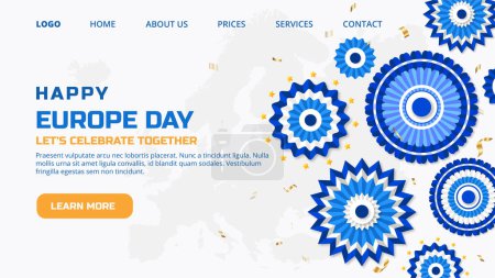 Europe Day landing page, 9th May. Happy Europe independence day background with map, paper rosette and confetti. European day landing page