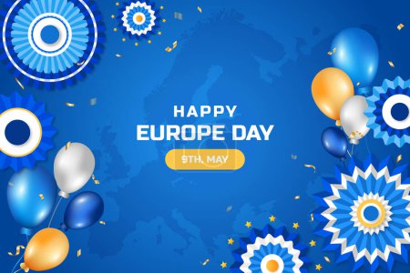 Téléchargez les illustrations : Happy Europe Day background. Le 9 mai. Bonne fête de l'indépendance de l'Europe fond réaliste avec des ballons, des rosettes en papier et des confettis. - en licence libre de droit