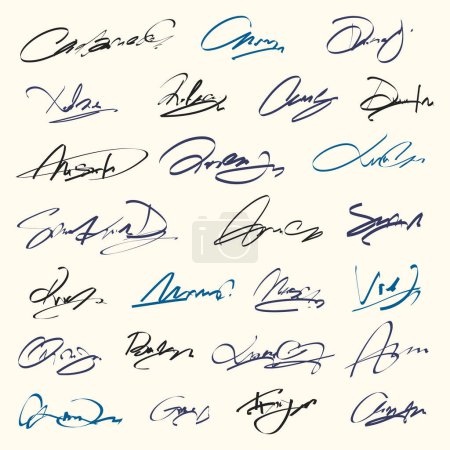 Firmas establecidas. Firmas manuscritas ficticias para firmar documentos sobre fondo blanco. Firmas de plumas azules
