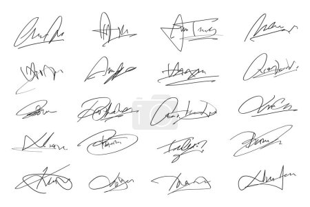 Téléchargez les illustrations : Signatures prêtes. Signatures manuscrites fictives pour signer des documents sur fond blanc. signatures stylo noir - en licence libre de droit