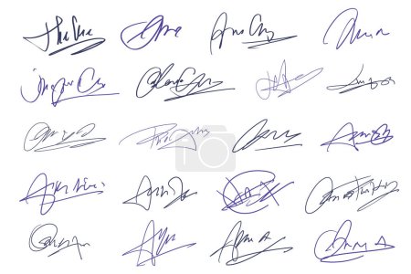 Illustration for Signatures set. Fictitious handwritten signatures for signing documents on white background. Blue pen signatures - Royalty Free Image