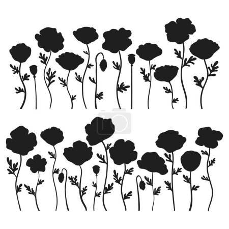 Téléchargez les illustrations : Silhouettes de fleurs de pavot ensemble isolé sur fond blanc. Coquelicots fleurs silhouettes illustration - en licence libre de droit