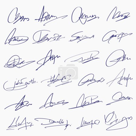 Téléchargez les illustrations : Signatures prêtes. Signatures manuscrites fictives pour signer des documents sur fond blanc. Signature du stylo bleu - en licence libre de droit